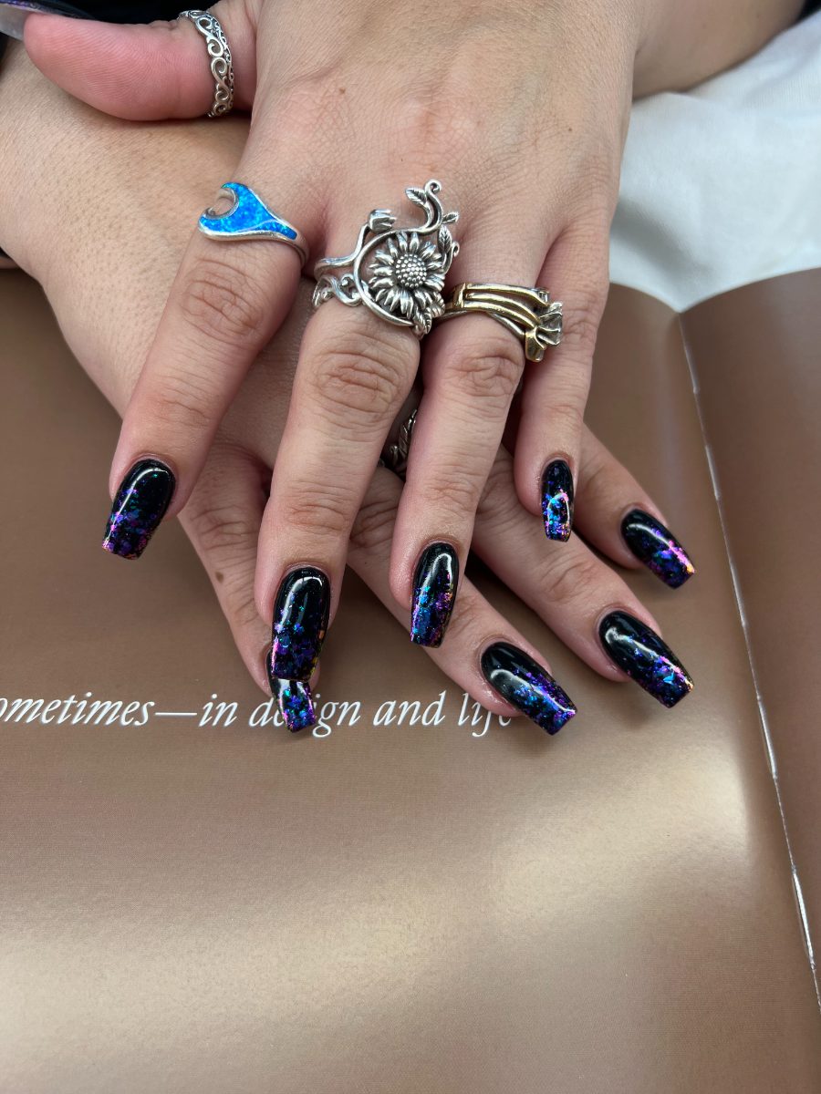 Black coffin nails with iridescent flakes by Tip N’ Toe San Jose