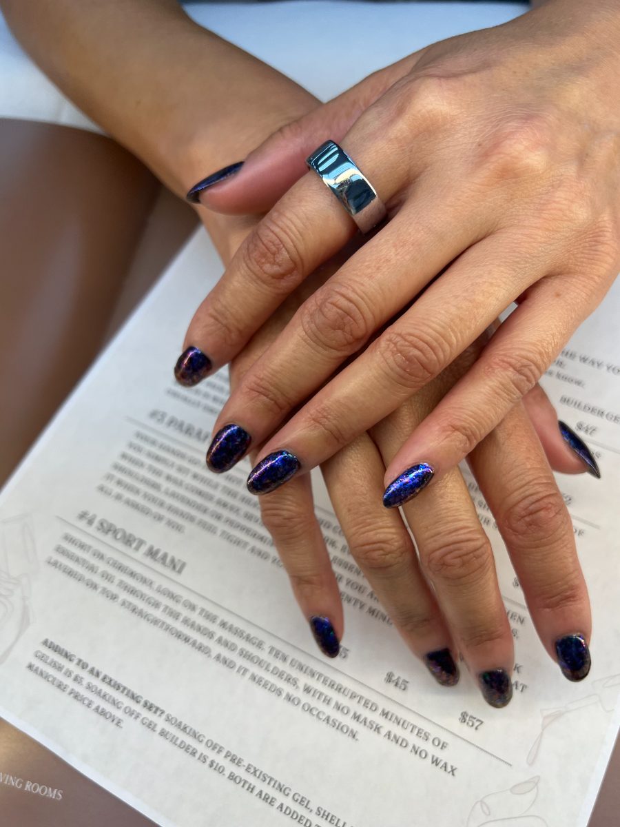 Galaxy purple flake almond nails at Tip N’ Toe Nail Salon, San Jose