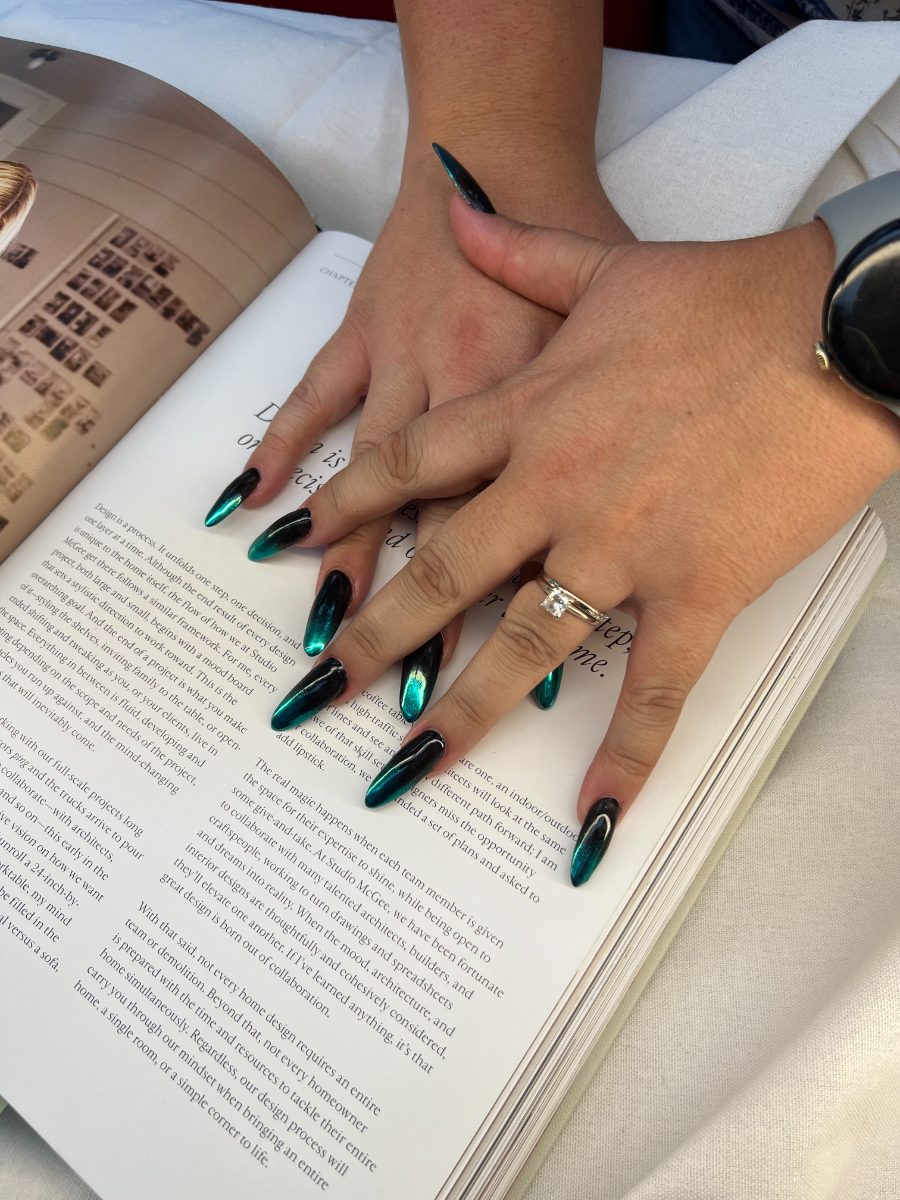Teal chrome stiletto nails done at Tip N’ Toe Nail Salon, San Jose